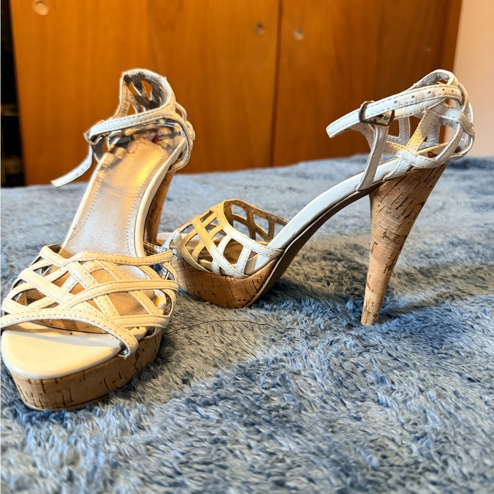 Elegant White Leather and Cork Strappy Heels
